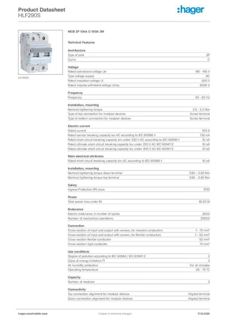 Image Hager Product data sheet HLF290S  | Hager