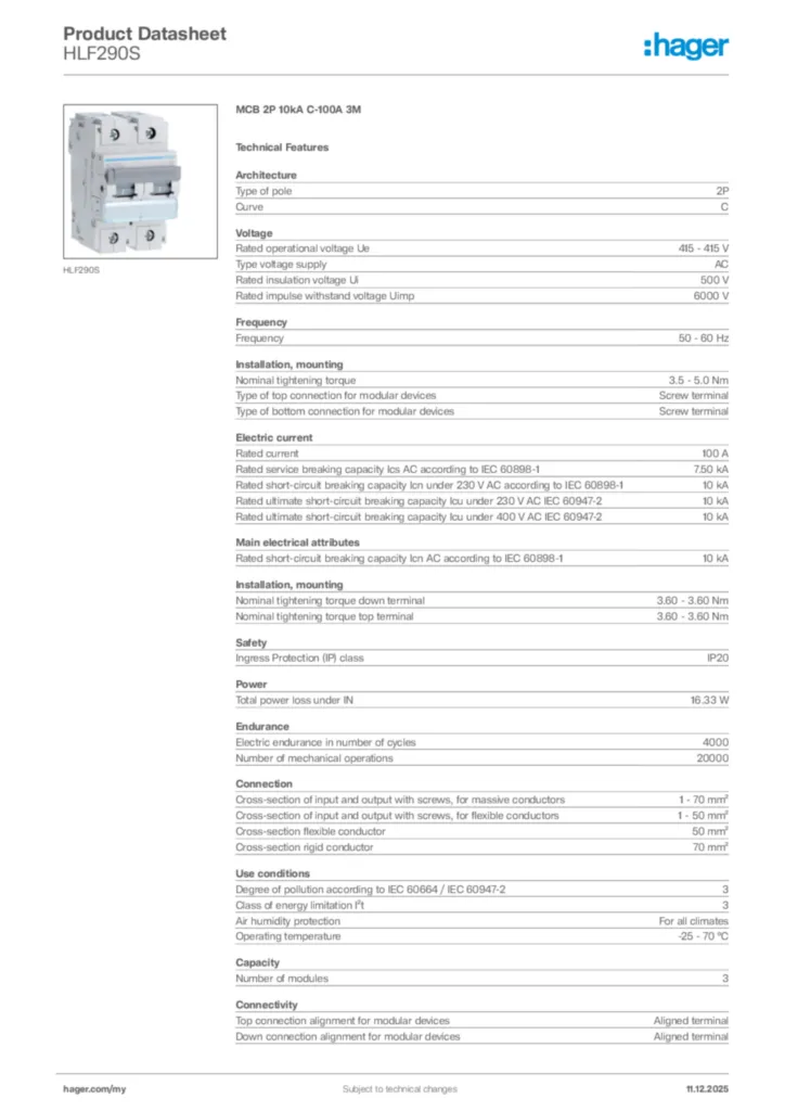 Image Hager Product data sheet HLF290S  | Hager