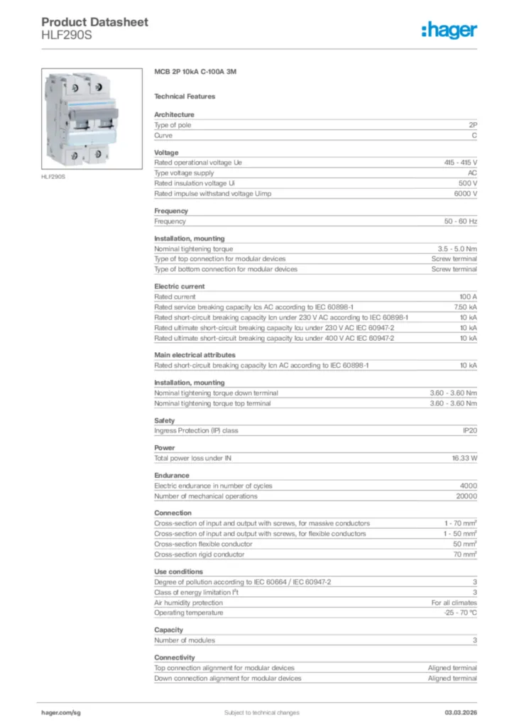 Image Hager Product data sheet HLF290S  | Hager