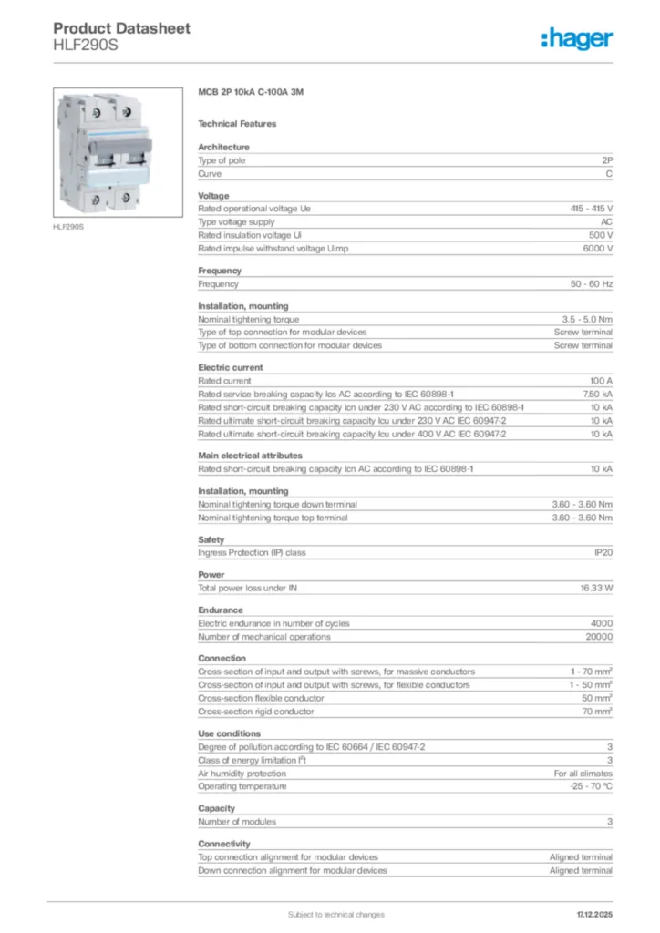 Image Hager Product data sheet HLF290S  | Hager