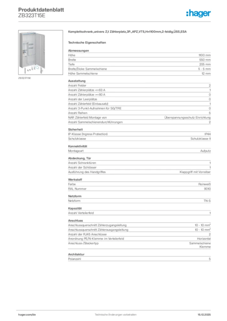 Bild Hager Produktdatenblatt ZB323T15E | Hager Deutschland