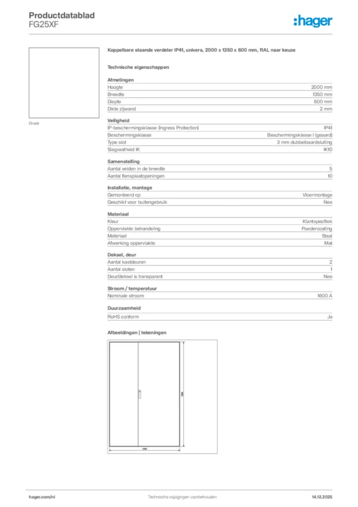 Afbeelding Hager Productdatablad FG25XF | Hager Nederland