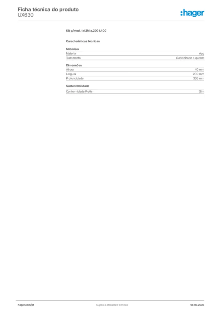 Imagem Hager Ficha técnica do produto UX630 | Hager Portugal