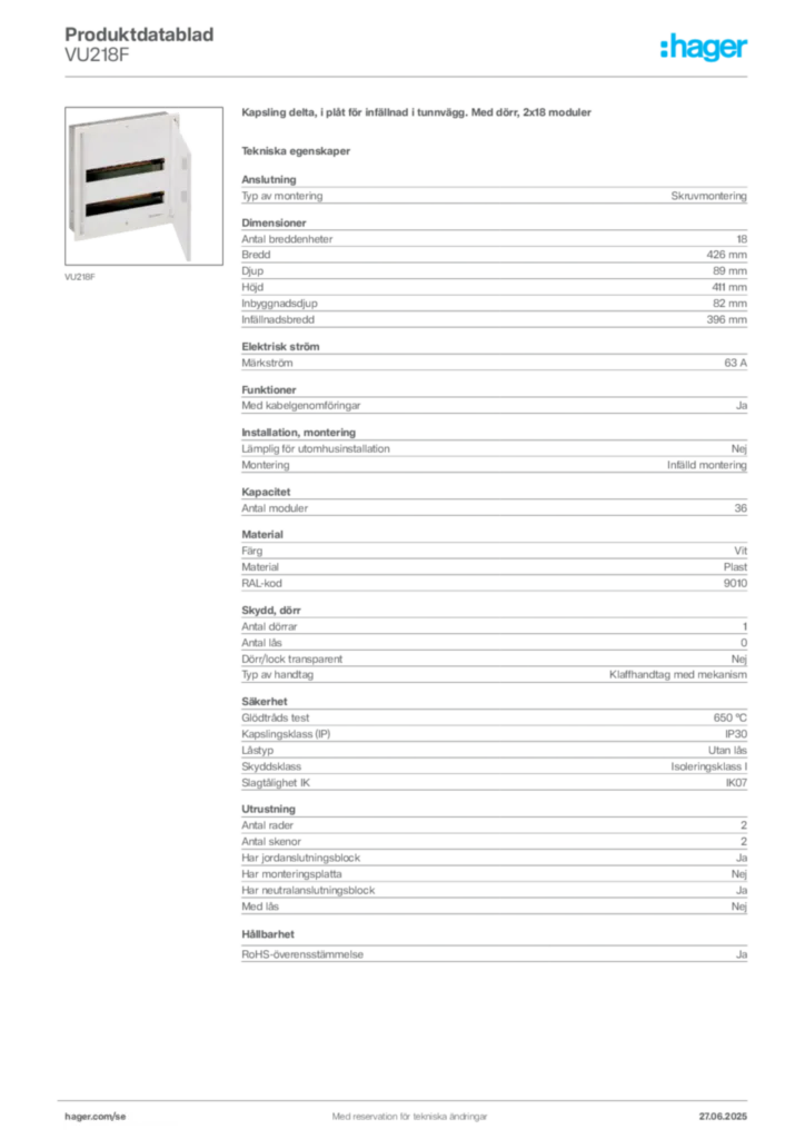 Bild Hager Produktdatablad VU218F | Hager Sverige