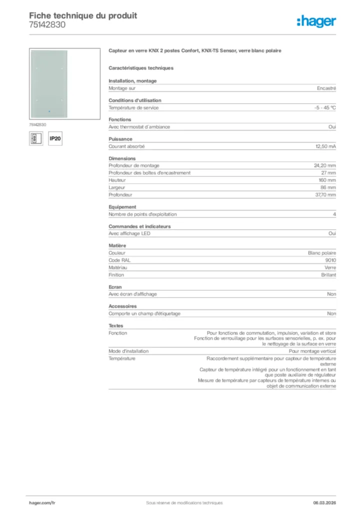 Image Hager Fiche technique du produit 75142830 | Hager France