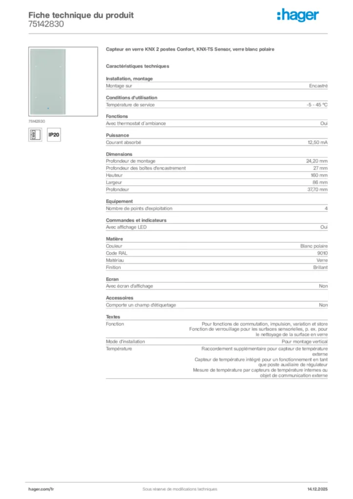 Image Hager Fiche technique du produit 75142830 | Hager France