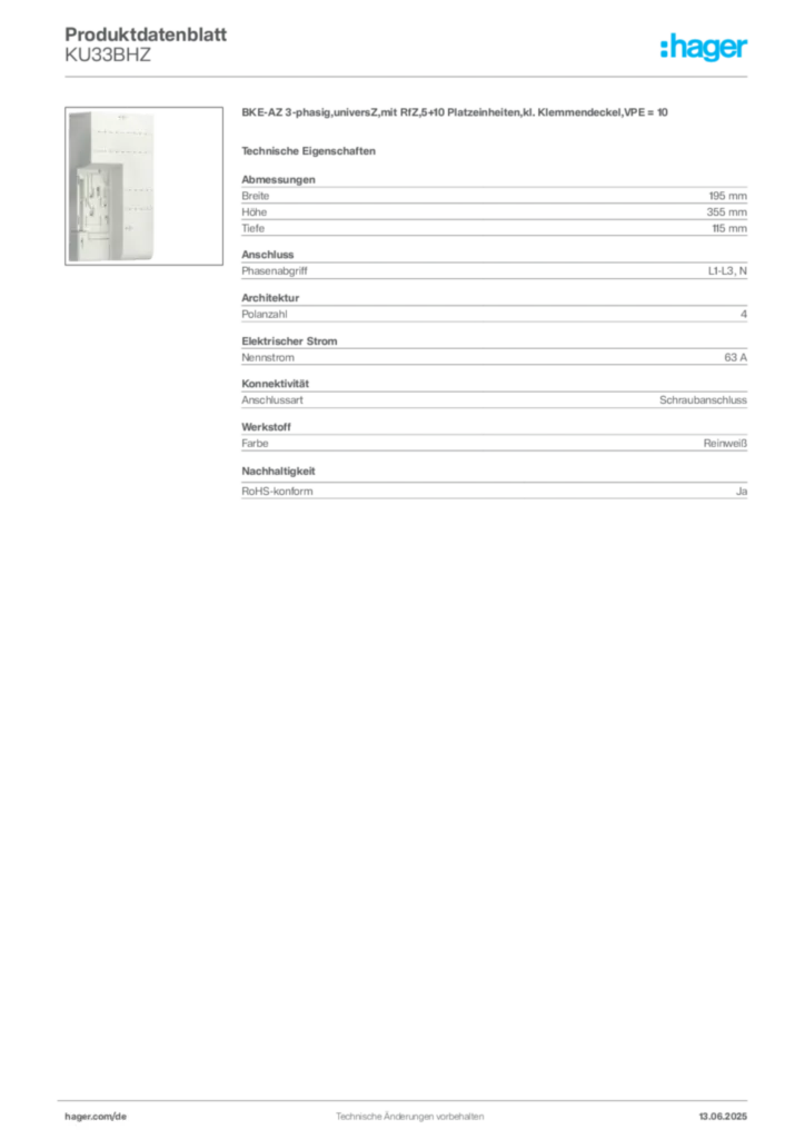 Bild Hager Produktdatenblatt KU33BHZ | Hager Deutschland