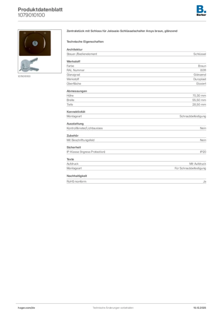 Bild Berker Produktdatenblatt 1079010100 | Hager Deutschland
