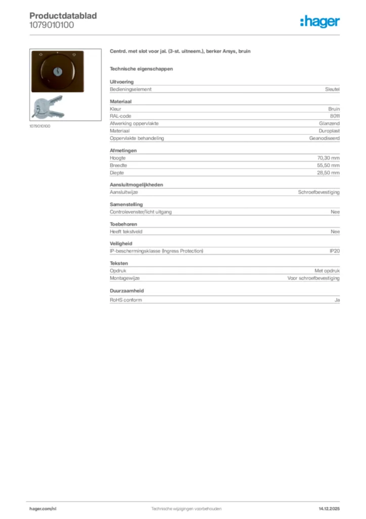 Afbeelding Hager Productdatablad 1079010100 | Hager Nederland