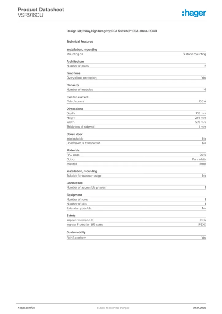 Image Hager Product data sheet VSR916CU  | Hager