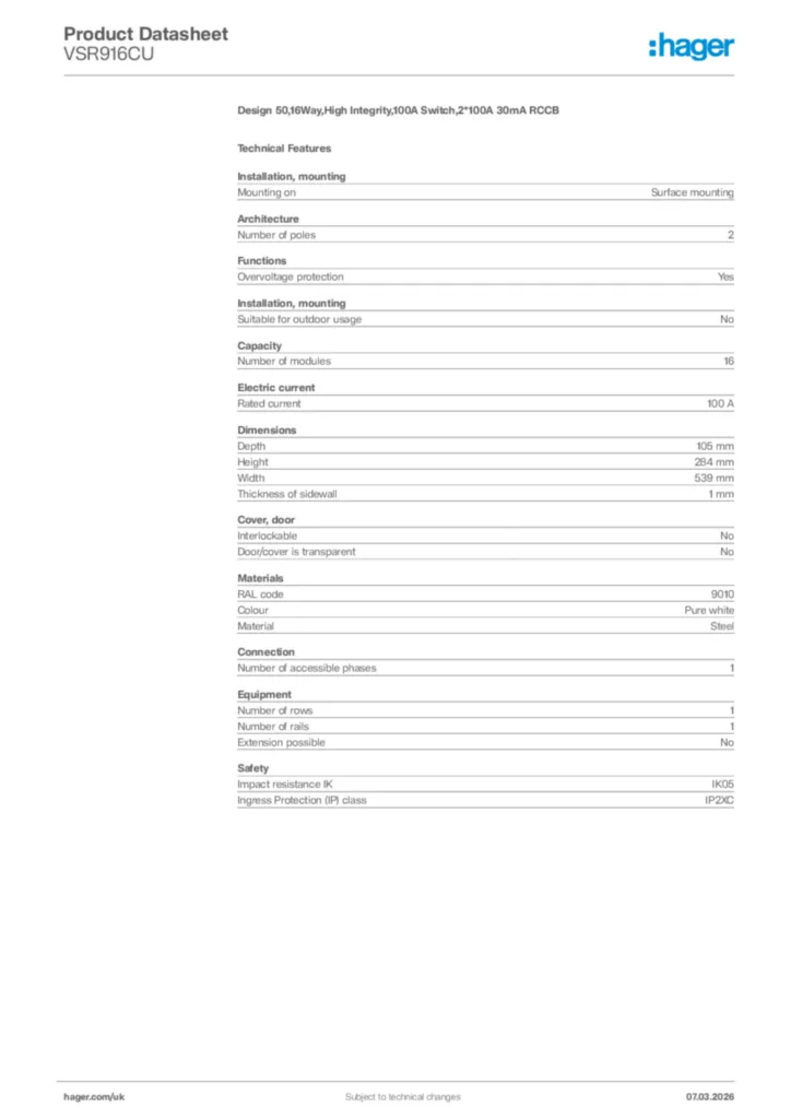 Image Hager Product data sheet VSR916CU  | Hager