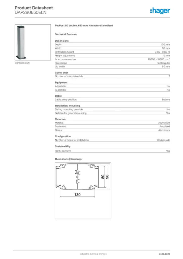 Image Hager Product data sheet DAP280650ELN  | Hager Africa