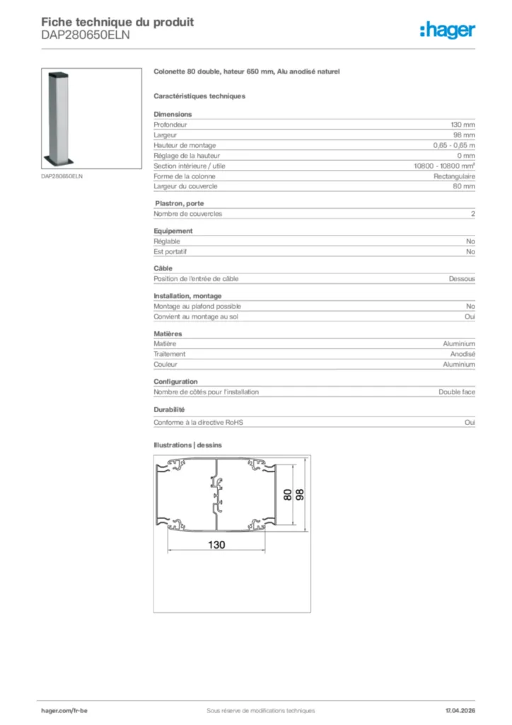 Image Hager Fiche technique du produit DAP280650ELN | Hager Belgique