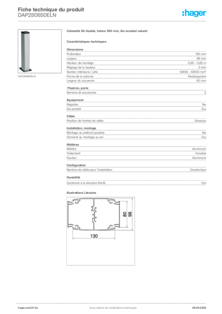 Image Hager Fiche technique du produit DAP280650ELN | Hager Belgique
