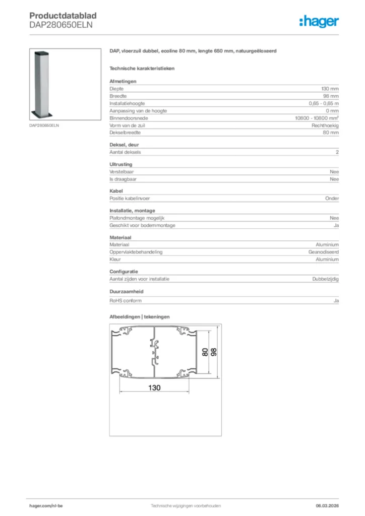 Afbeelding Hager Productdatablad DAP280650ELN | Hager Belgium