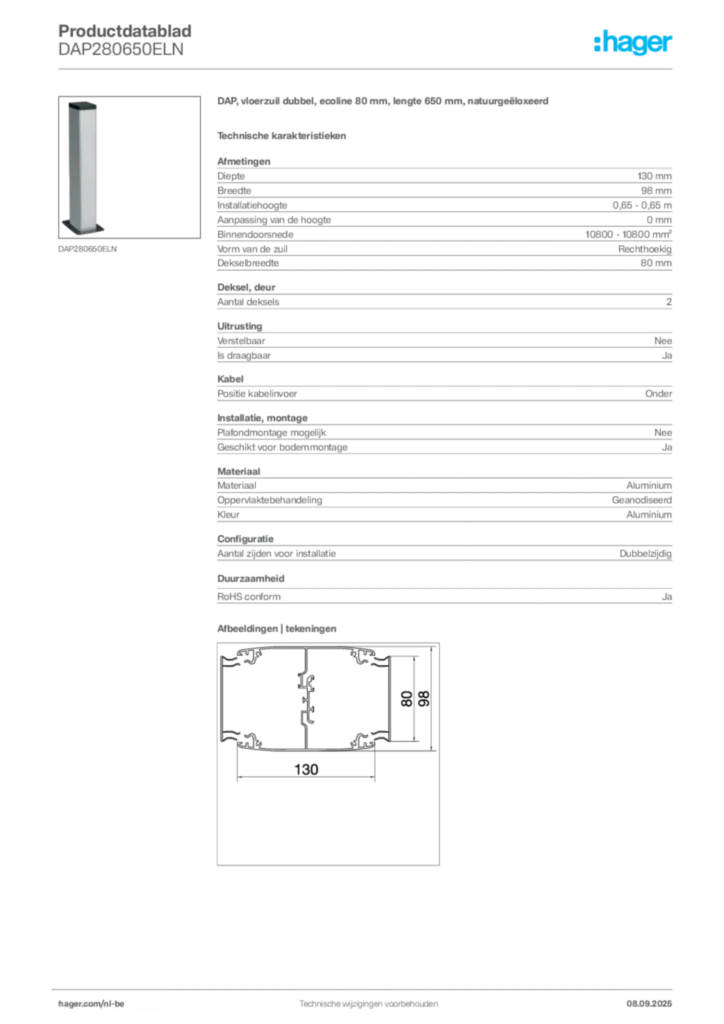 Afbeelding Hager Productdatablad DAP280650ELN | Hager Belgium