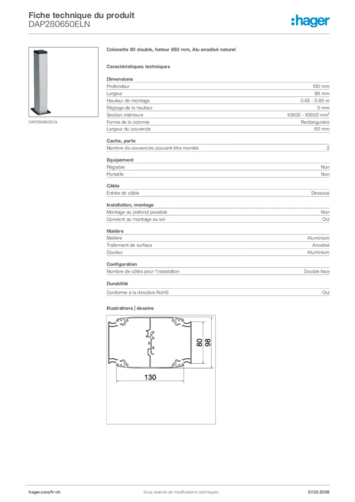 Image Hager Fiche technique du produit DAP280650ELN | Hager Suisse