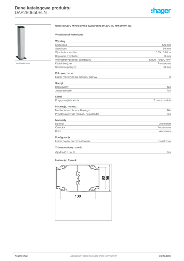 Zdjęcie Hager Karta katalogowa DAP280650ELN | Hager Polska