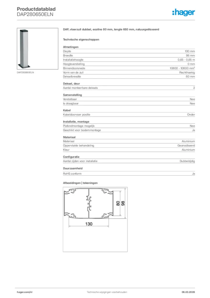 Afbeelding Hager Productdatablad DAP280650ELN | Hager Nederland