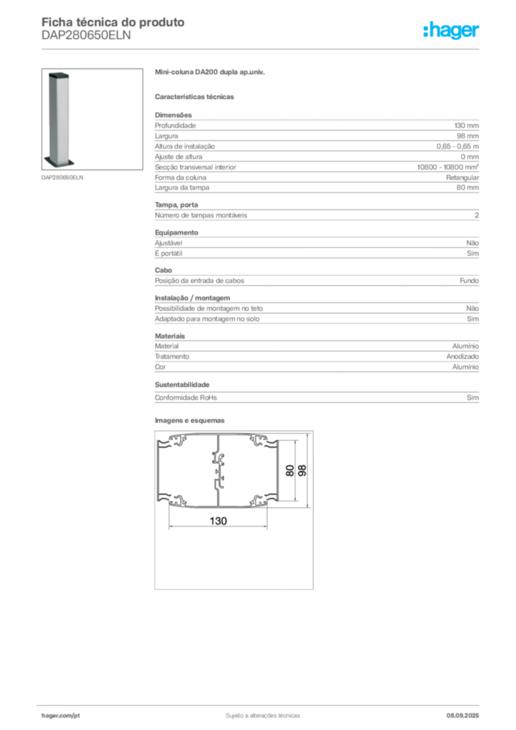 Imagem Hager Ficha técnica do produto DAP280650ELN | Hager Portugal
