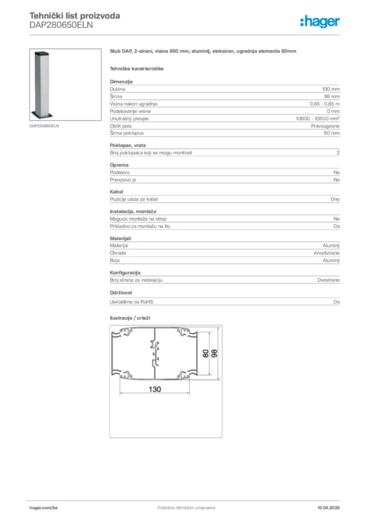 Slika Hager Tehnički list proizvoda DAP280650ELN  | Hager