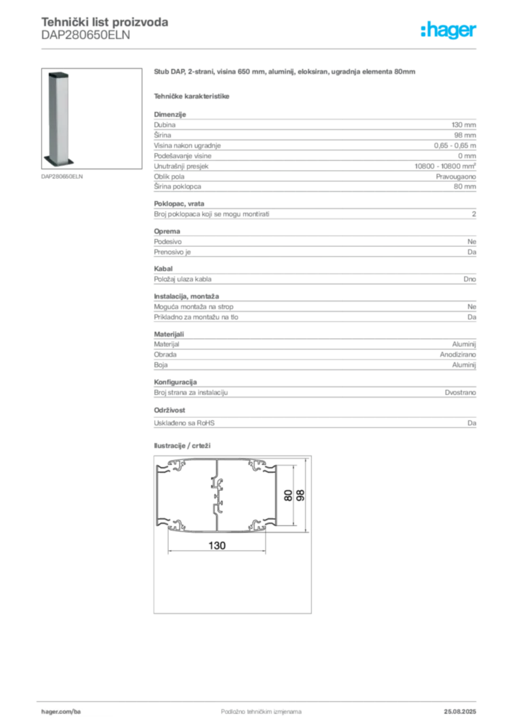 Slika Hager Product data sheet DAP280650ELN  | Hager