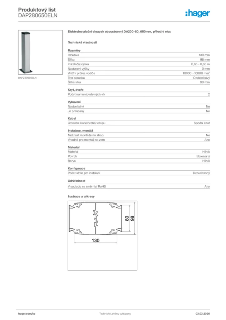 Obrázek Hager Product data sheet DAP280650ELN | Hager