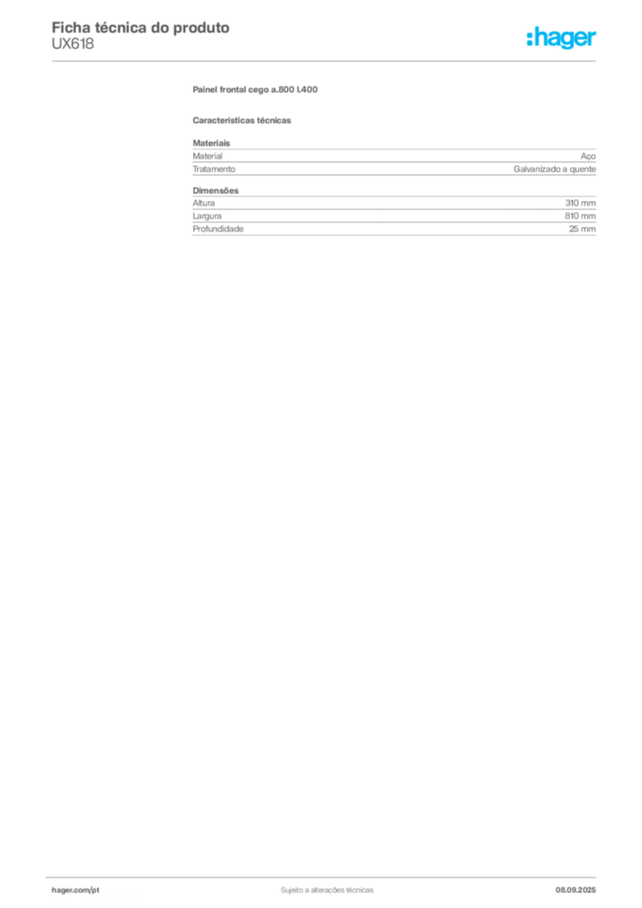 Imagem Hager Ficha técnica do produto UX618 | Hager Portugal