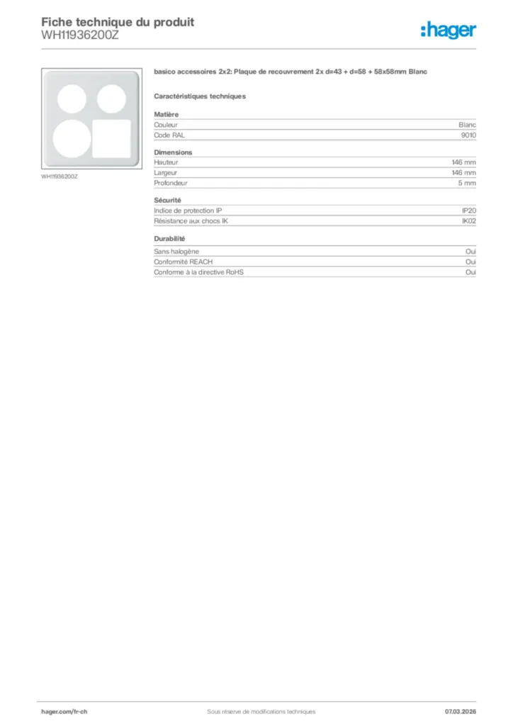 Image Hager Fiche technique du produit WH11936200Z | Hager Suisse