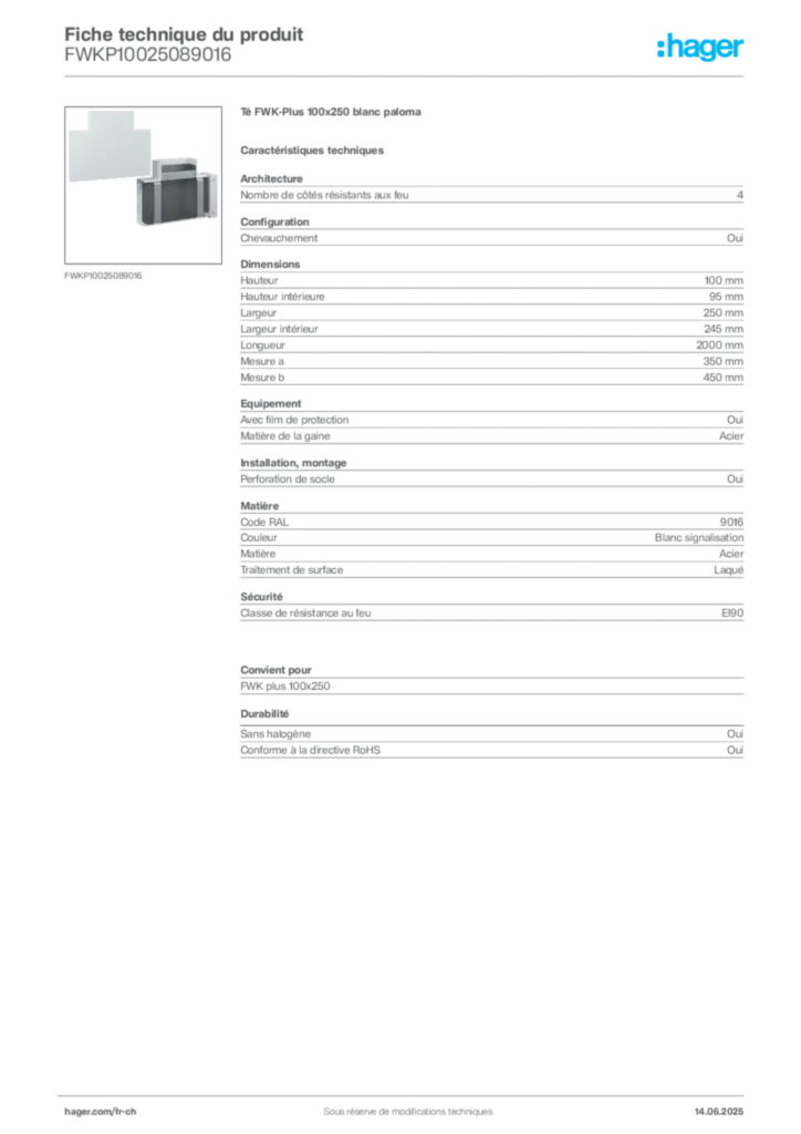 Image Hager Fiche technique du produit FWKP10025089016 | Hager Suisse