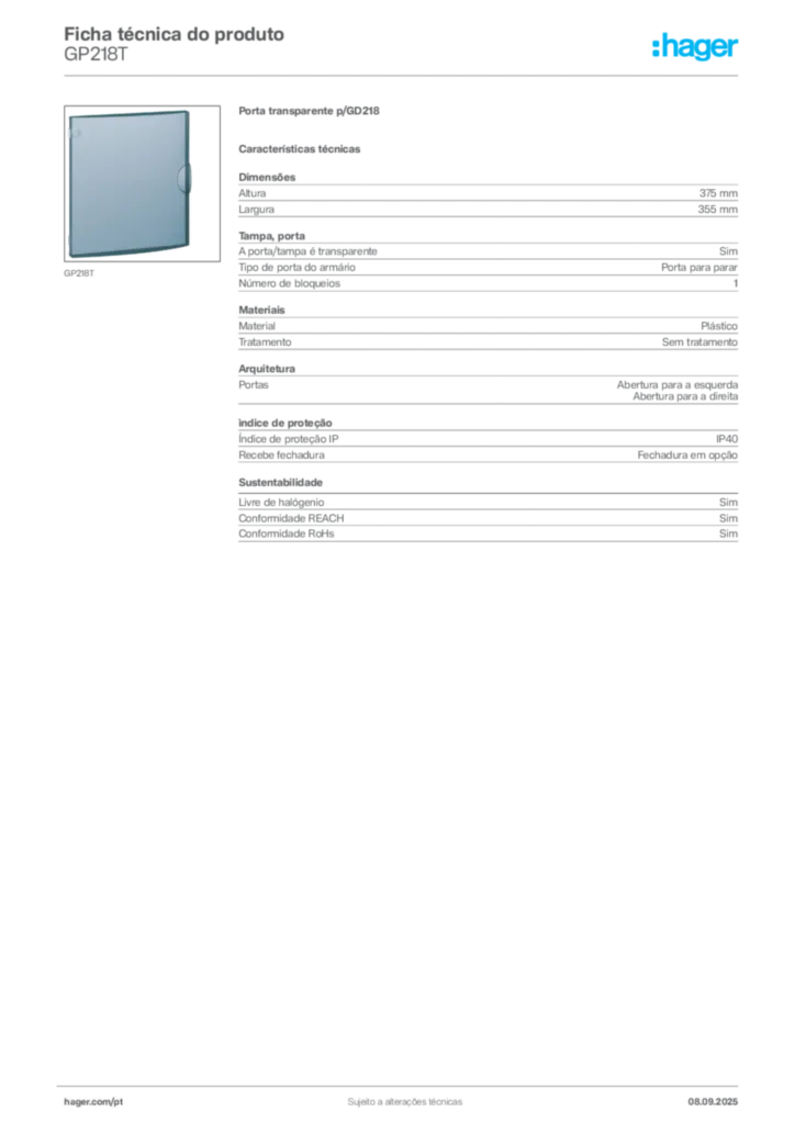 Imagem Hager Ficha técnica do produto GP218T | Hager Portugal