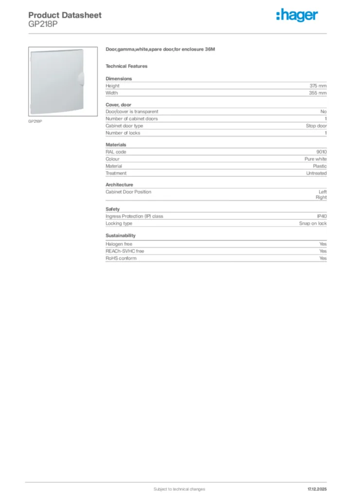 Image Hager Product data sheet GP218P  | Hager Africa