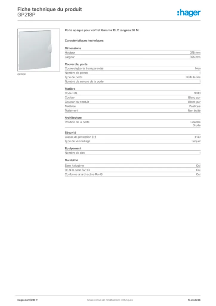 Image Hager Fiche technique du produit GP218P | Hager Afrique