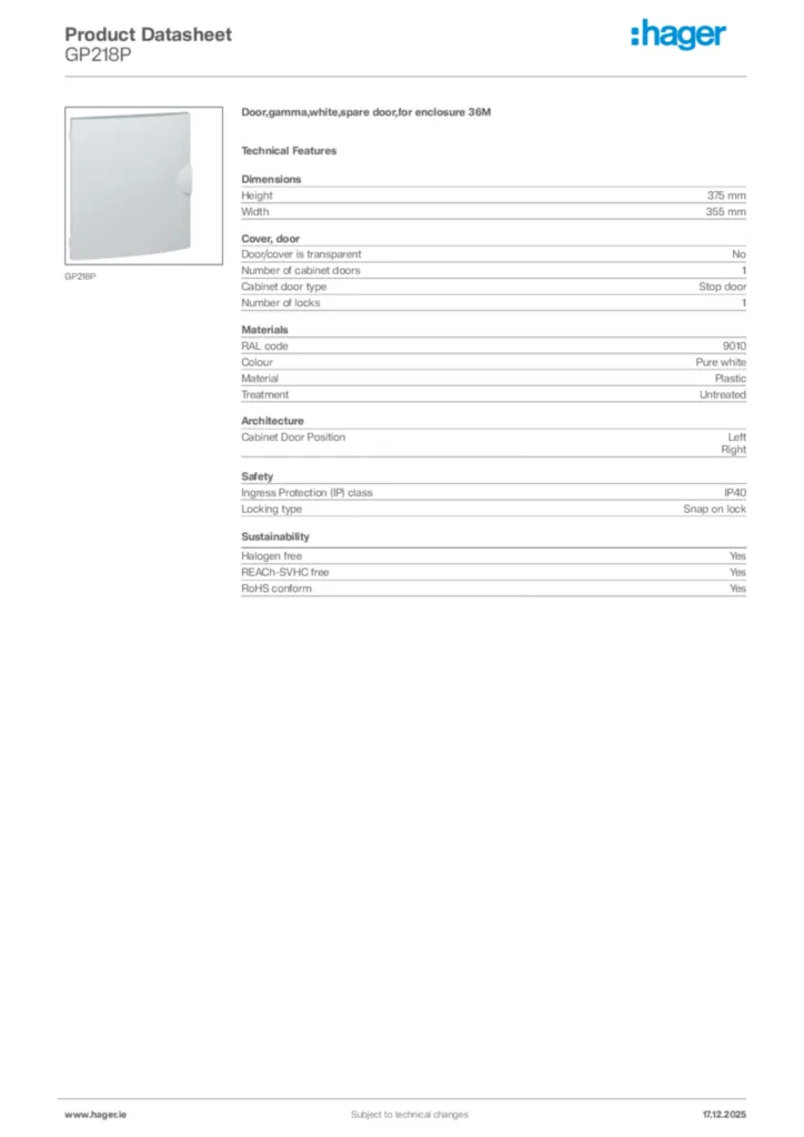 Image Hager Product data sheet GP218P  | Hager