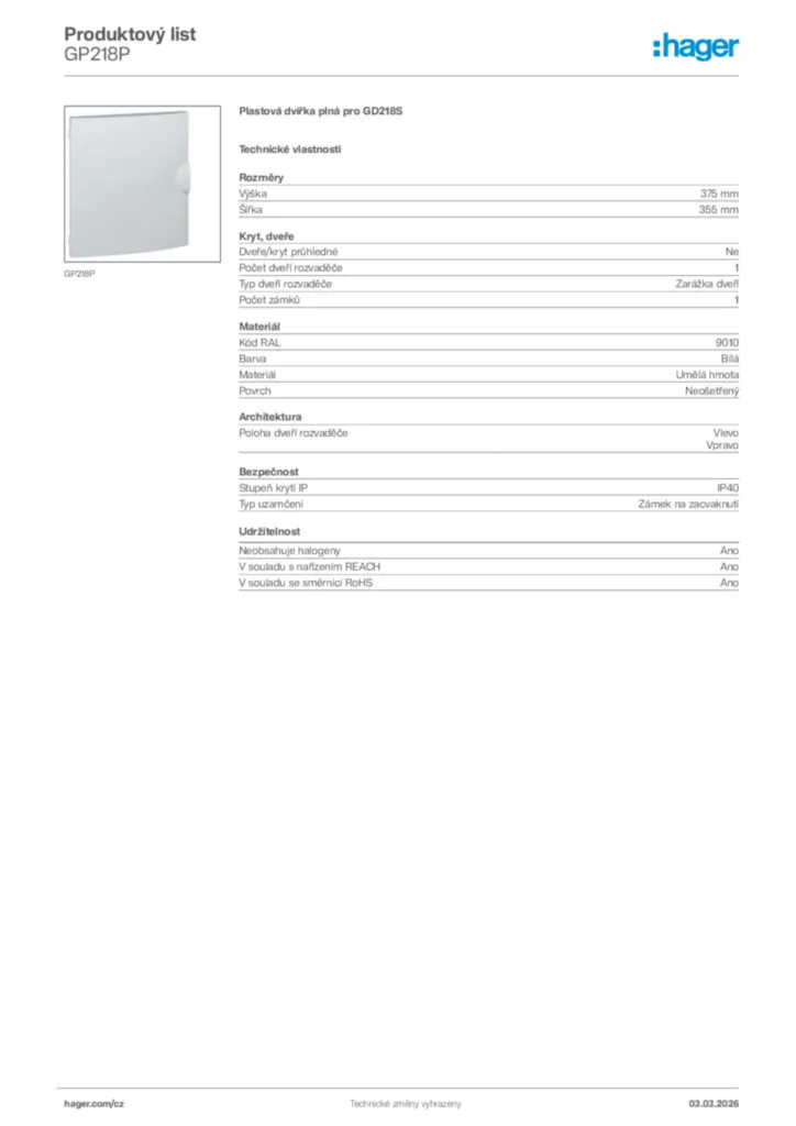 Obrázek Hager Product data sheet GP218P | Hager