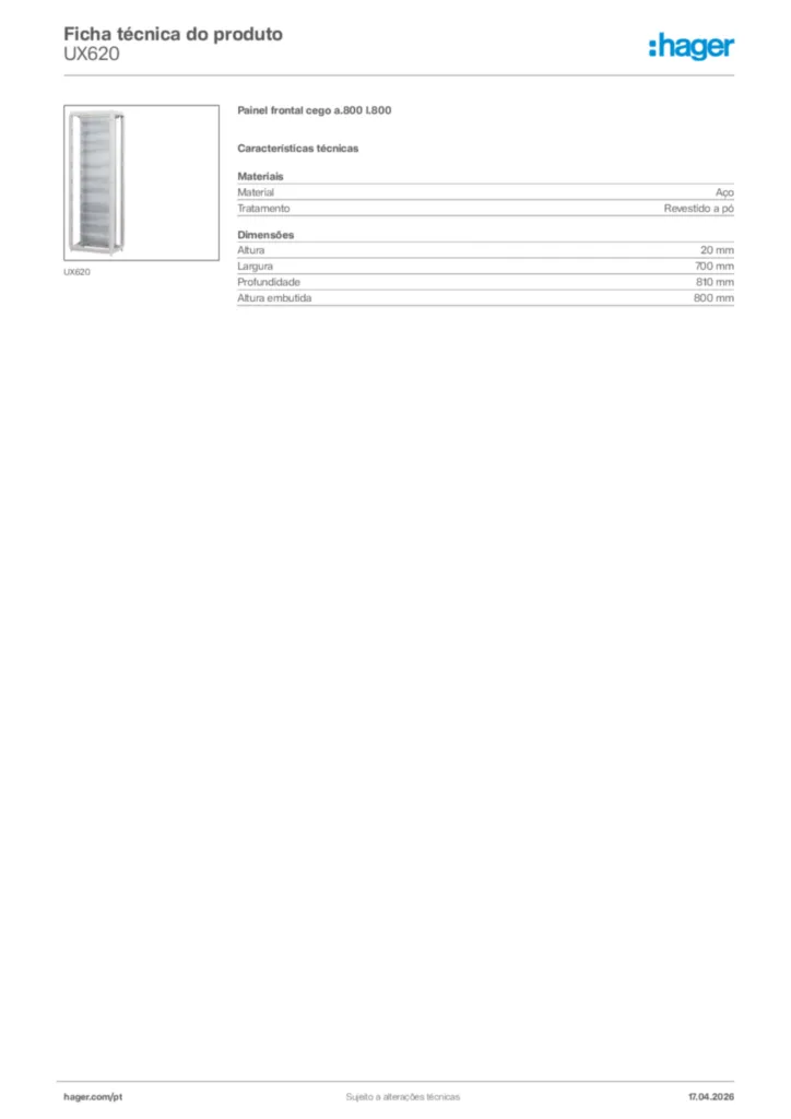 Imagem Hager Ficha técnica do produto UX620 | Hager Portugal