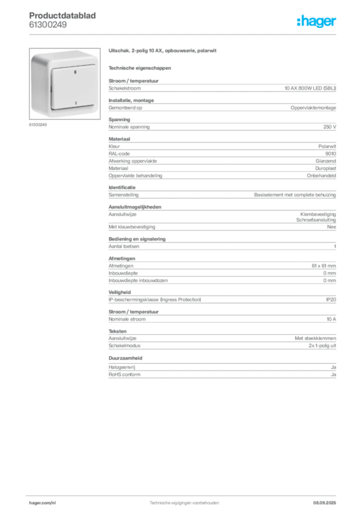 Afbeelding Hager Productdatablad 61300249 | Hager Nederland