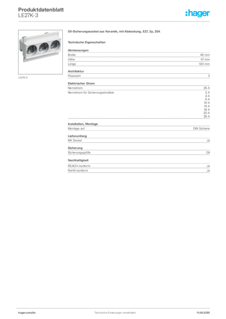 Bild Hager Produktdatenblatt LE27K-3 | Hager Deutschland