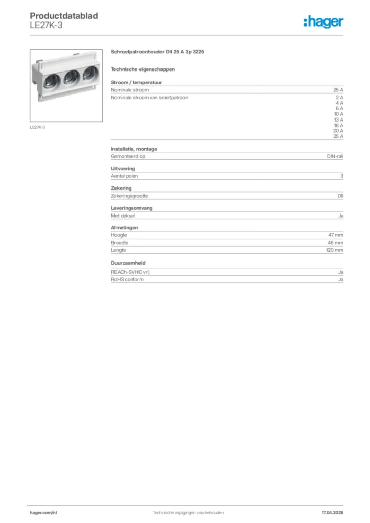 Afbeelding Hager Productdatablad LE27K-3 | Hager Nederland