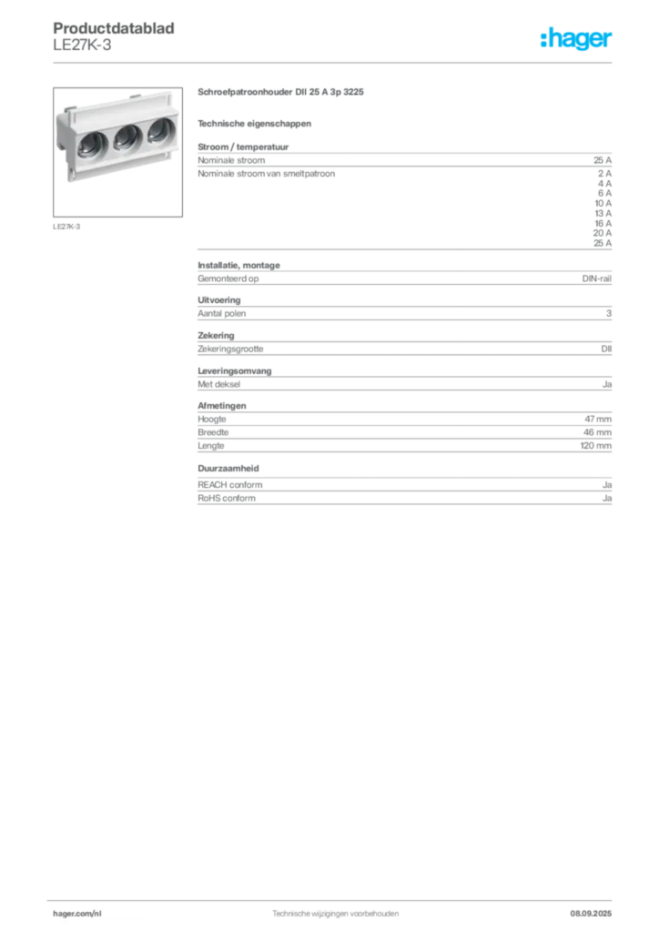 Afbeelding Hager Productdatablad LE27K-3 | Hager Nederland