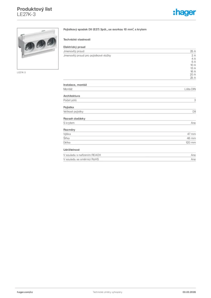 Obrázek Hager Product data sheet LE27K-3 | Hager
