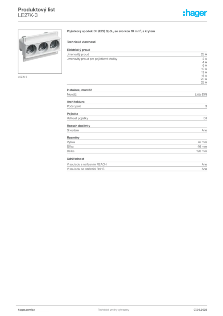 Obrázek Hager Produktový list LE27K-3 | Hager
