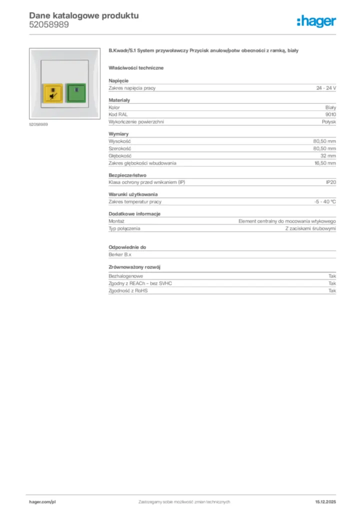 Zdjęcie Hager Karta katalogowa 52058989 | Hager Polska