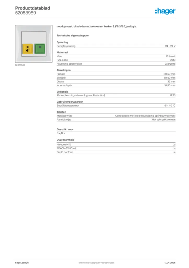 Afbeelding Hager Productdatablad 52058989 | Hager Nederland