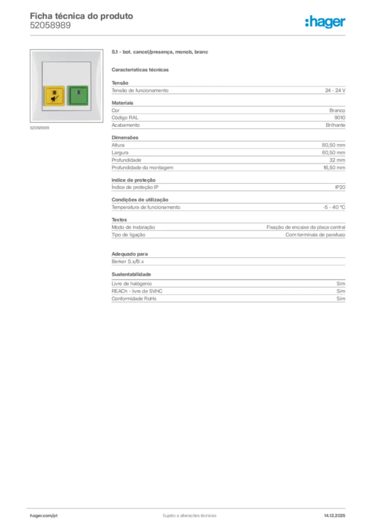 Imagem Hager Ficha técnica do produto 52058989 | Hager Portugal