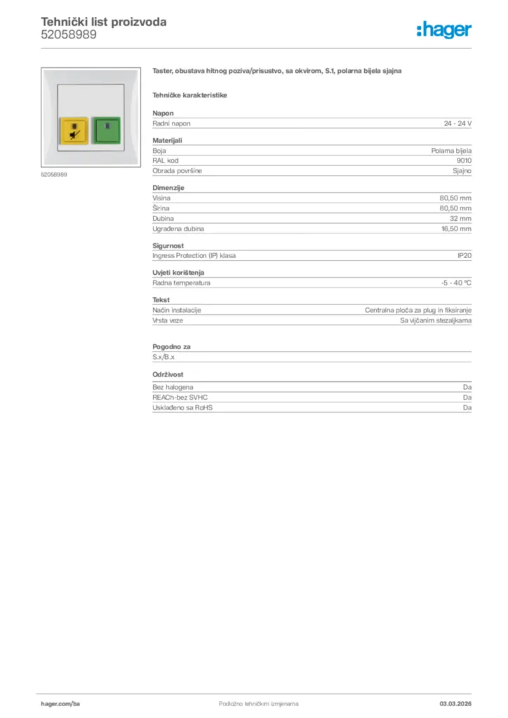 Slika Hager Tehnički list proizvoda 52058989  | Hager