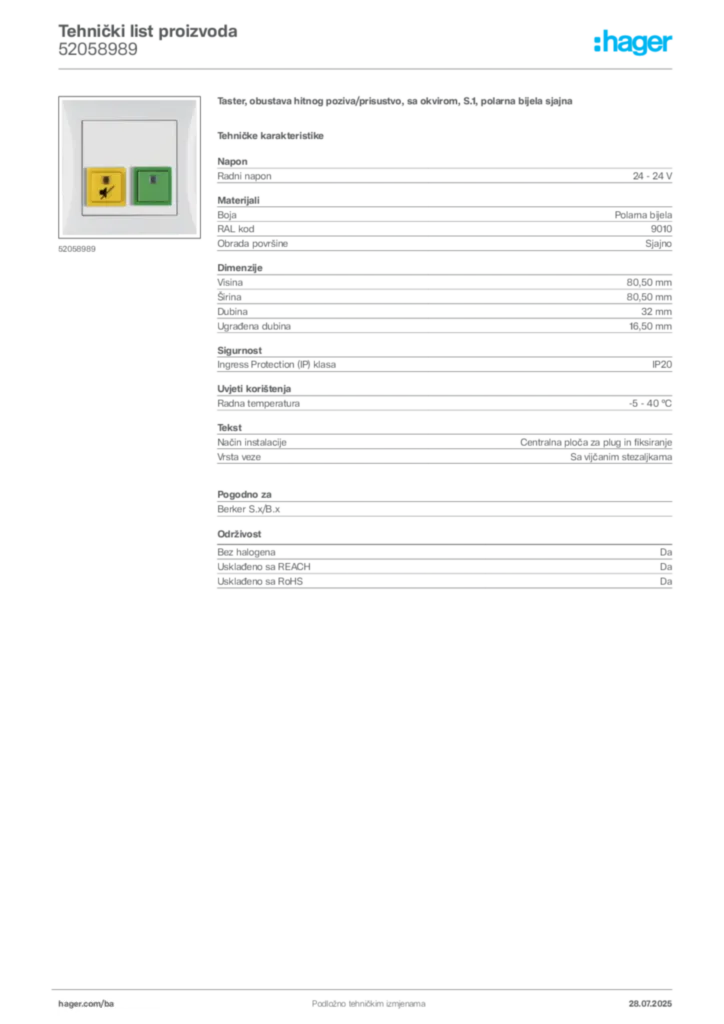 Slika Hager Product data sheet 52058989  | Hager