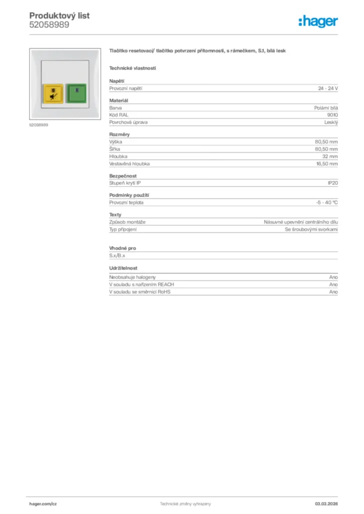 Obrázek Hager Product data sheet 52058989 | Hager