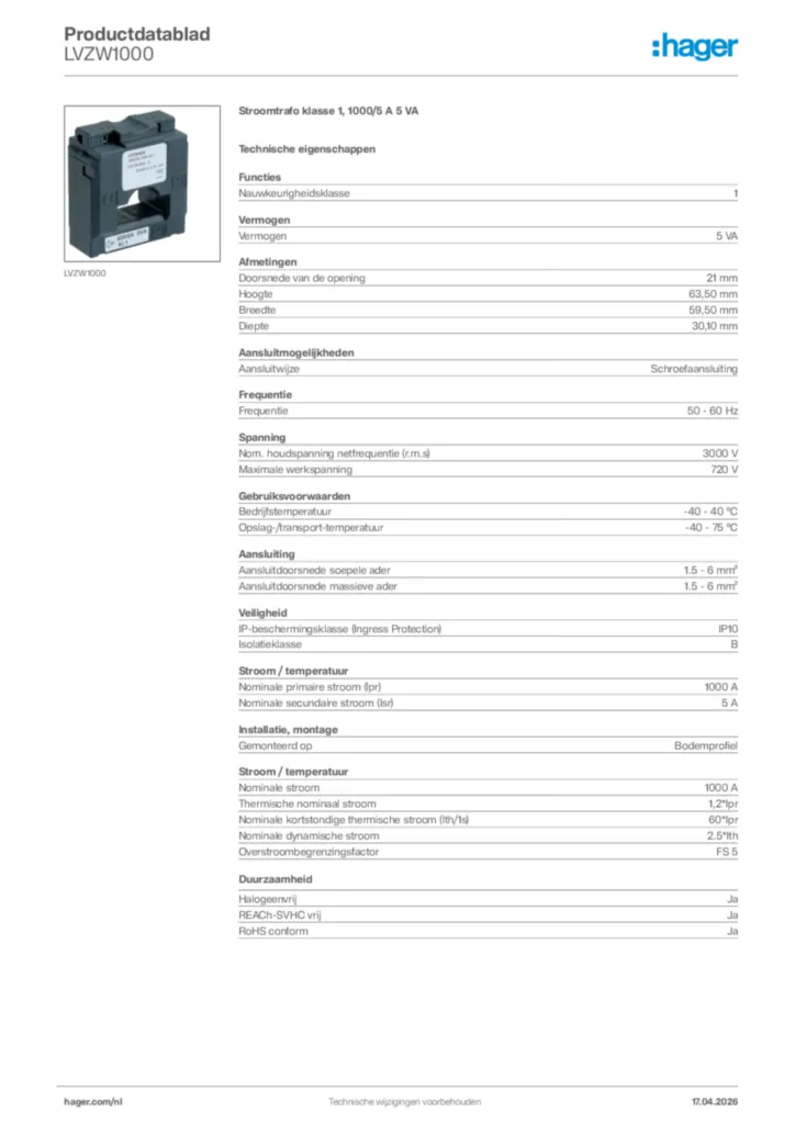 Afbeelding Hager Productdatablad LVZW1000 | Hager Nederland
