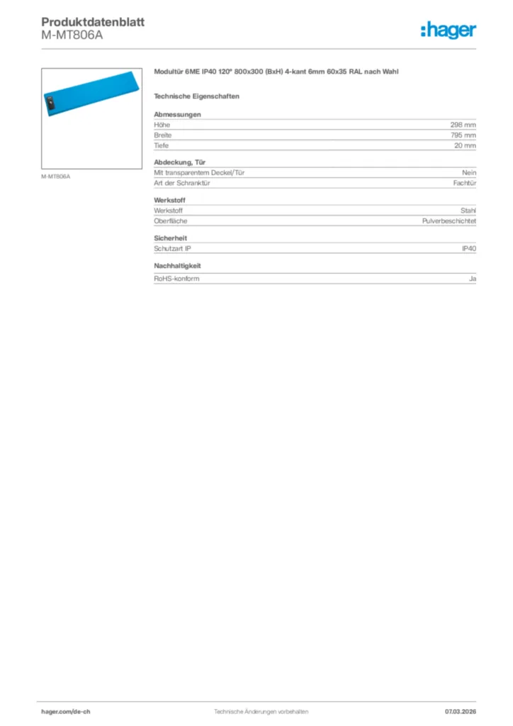 Bild Hager Produktdatenblatt M-MT806A | Hager Schweiz